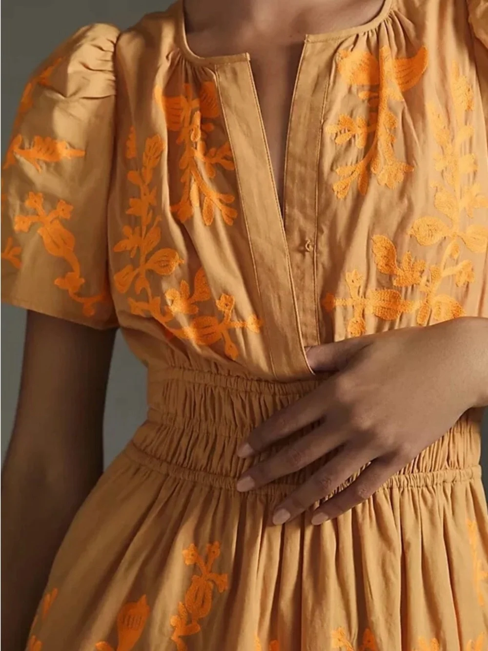 Anthropologie Women's Somerset Pleated Orange Embroidered Floral Maxi Dress XSP - Picture 2 of 16